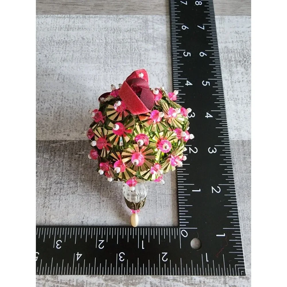 Vintage Christmas Ornament 1960s Velvet Beaded Push Pin Embellish Green Pink - Picture 10 of 10